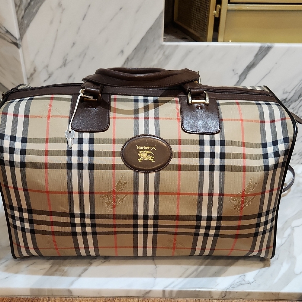 Burberry Tan and Brown Duffel  Travel Bag with Iconic Design